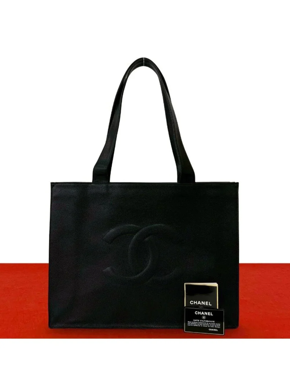 Chanel Card Seal Present Vintage CC Logo Caviar Leather Tote Black